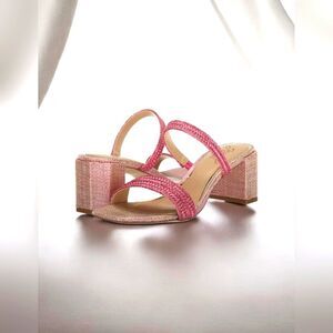 Jewel Badgley Mischka Women's Pink Raffia Heat Textured Block Heel Mule Sz 6.5